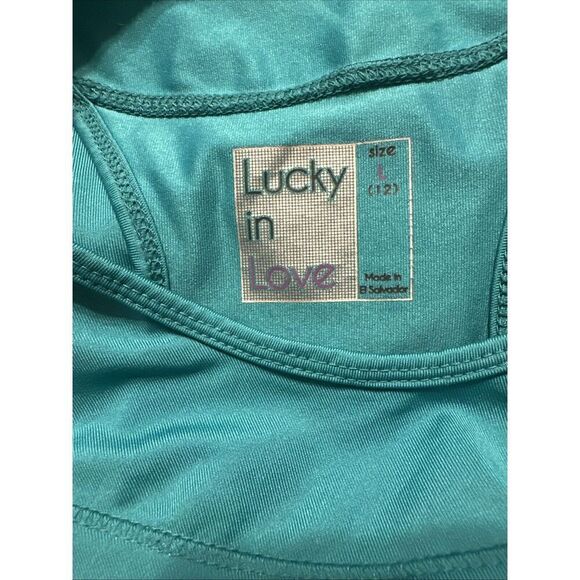 Lucky In Love Tank Top Teal Blue Round Neck Side Mesh Racerback  Large 12 - Picture 5 of 6
